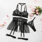 MIRABELLE Ruffle Sexy Lingerie sets for Women Lace Patchwork Fancy Underwear Bra Thong Garter Outfit Transparent Luxury Intimate
