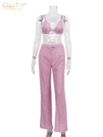 Clacive Sexy Glitter Sleeveless Crop Top Two Piece Pants Set Women Summer High Waist Pants Set Bodycon Straight Trouser Suits