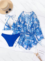 3 Pieces Bikini Tropical Print Swimsuit Halter Drawstring Side Swimwear Women 2023 Bathing Suit Female Swimming Summer Beachwear