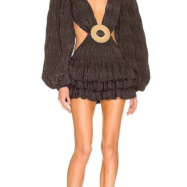 French retro simple sexy seersucker deep V leakage waist cake dress