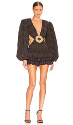 French retro simple sexy seersucker deep V leakage waist cake dress