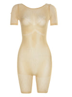 Kliou Knitted Hollow Out Playsuits Women Solid Sexy See Through Casual Short Sleeve O-neck Skinny Romper Female Concise Clothing