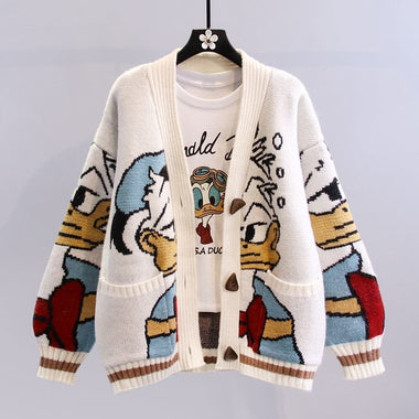 Disney Cartoon Anime Series Donald Duck Japanese Vintage Cute Cartoon Embroidery Knitted Cardigans New Fashion Outwear Sweaters
