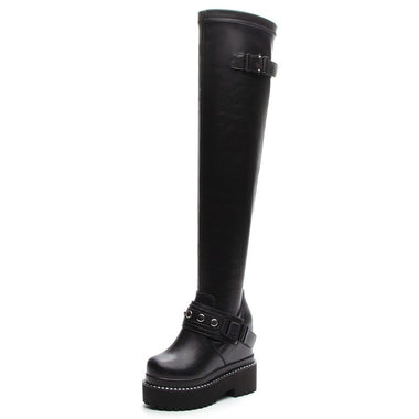 Winter New Slim Height Increasing Platform Buckle Rivet Metal Decoration Genuine Leather Women Over-the-Knee Long Modern Boots