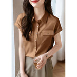 2022 Summer Blouses Shirts Women Short Sleeve Tops Solid Lapel Pockets White Shirts Office Lady Korean Female Clothing Blusas