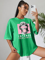 INTENSE FEELINGS Street Hip Hop Female T-Shirts Loose Oversize Short Sleeve 100% Cotton Soft Tops Summer Breathable Tee Clothing