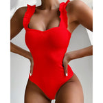 Gossina 2023 New Sexy Female Swimsuit Vintage One Piece Ruffled Push Up Solid Red Swimwear Women Monokini Padded Bathing Suits