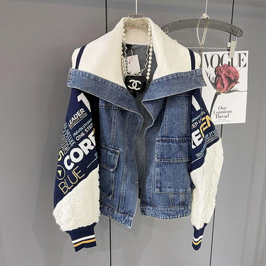 Stitching Denim Jackets Women's Spring Autumn Winter 2023 Trendy Fashion Coat Casual Loose Baseball Uniforms Open Stitch Jacket