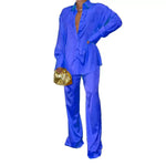 2023 Elegant Satin Women's Matching Sets Casual Long Sleeve Shirt Straight Pants Suit Female Loose Solid Tops Two Pieces Outfits