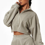 NCLAGEN Long Sleeve Sports Sweater Women Loose Fashion Stand Collar Zipper Crop Top Gym Training Casual Outdoor Running Blouse
