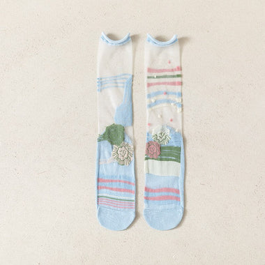 2023 New Fashion Woman Socks Summer Ultra-thin Transparent Crystal Silk Socks Harajuku Floral Retro Japanese Kawaii Cute Socks