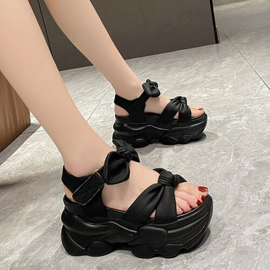 Summer High Platform Women Sandals 9CM Wedge Heels Bowknot Slipper Fashion 2023 Outside Chunky Sandals Beach Casual Slides Woman