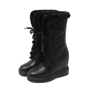 Winter New Outside Fashion Slim Height Increasing Platform Plush Inside Cross-tied Genuine Leather Women Mid-Calf Snow Boots