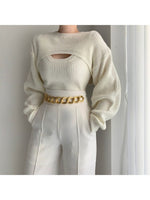 Sweaters Korea 2023 Early Autumn Temperament O-Neck Slim Knit Vest Casual Wearing Short Sweater Blouse Two-piece Set Woman