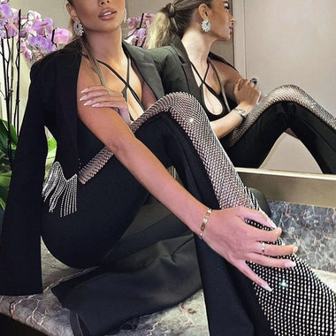 New Women Summer Sexy Crystal Diamonds Black Bodycon Flare Bandage Jumpsuit 2023 Celebrity Designer High Street Rompers
