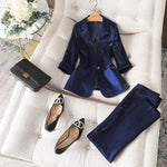 Women Satin Silk Blazers 2023 Autumn Solid Color Notched Collar Single Button Blazer Ladies OL Elegant Slim Glossy Suit Set