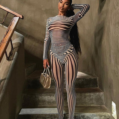 Kliou Mesh Striped Two Piece Set Women Sheath Body-Shaping High Street Sexy Hipster Long Sleeve O-Neck Female Streetwear Outfits