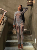 Kliou Mesh Striped Two Piece Set Women Sheath Body-Shaping High Street Sexy Hipster Long Sleeve O-Neck Female Streetwear Outfits