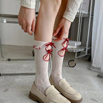 Jk Tie Lace Fishnet Stockings for Women Lolita Middle Tube Socks Sexy Straps Bandage Ribbon Japanese Over Knee Long Socks Party