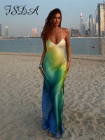 Sampic Satin Print Sexy Maxi Bodycon Beach Dress Summer Women Dye Tie Backless Elegant Party Dresses Holiday Outfits