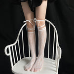 Jk Tie Lace Fishnet Stockings for Women Lolita Middle Tube Socks Sexy Straps Bandage Ribbon Japanese Over Knee Long Socks Party