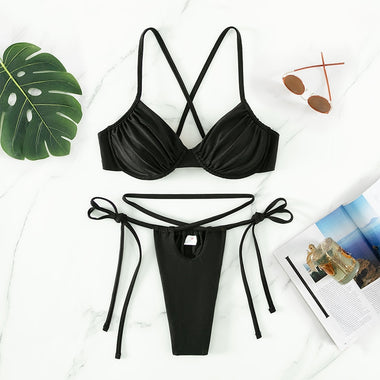 Women Bikini Set 2023 Solid Triangle Chest Pad Swimwear Top Sexy Thong 2 Piece Bandage Cross Swimsuit for Swimming Surfing