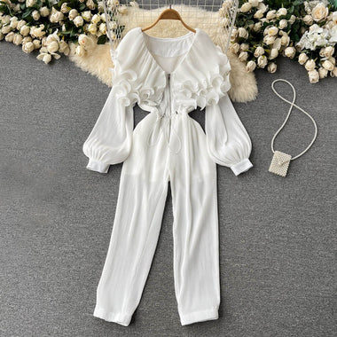 TWOTWINSTYLE Casual Jumpsuit For Women V Neck Long Sleeve High Waist Loose Solid Ruffle Trim Jumpsuits Female Fashion Clothing