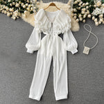TWOTWINSTYLE Casual Jumpsuit For Women V Neck Long Sleeve High Waist Loose Solid Ruffle Trim Jumpsuits Female Fashion Clothing