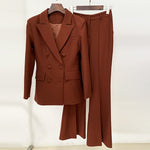 HIGH STREET Newest 2023 Designer Suit Set Women's Career Fashion Double Breasted Blazer Flare Pants Suit 2pcs