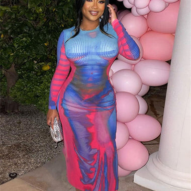 FQLWL Summer Y2k Bodycon Dresses For Women Black 3D Print Long Sleeve Red Maxi Dresses Fashion Party Night Long Dress Female