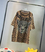 Summer Leopard Hot Diamond T-shirt Women Oversized Street Fashion Y2k Chic Pullovers Female Printed Short Sleeve Tops
