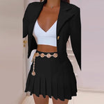 Autumn Winter Fashion HIgh Street Women Pleated Skirts Sets Casual Solid Color Lapel Suit Outwear Elegant Slim Party Female Sets