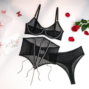 MIRABELLE Rhinestone Lingerie sets for Women Luxury Sexy Lace Underwear Glitter Tassels Seamless Bra Transparent Fine Outfit