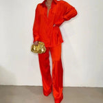 2023 Elegant Satin Women's Matching Sets Casual Long Sleeve Shirt Straight Pants Suit Female Loose Solid Tops Two Pieces Outfits