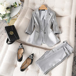 Women Satin Silk Blazers 2023 Autumn Solid Color Notched Collar Single Button Blazer Ladies OL Elegant Slim Glossy Suit Set