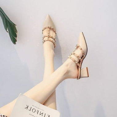 Women's Shoes Loafers 2023 Summer Style Leather Rivet Buckle Thick Heel Baotou Half Slippers Women Outerwear Sandals