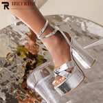 Gold Heels For Women Bow Knot Fashion Metalic Fashion Chunky Block Heel Sandals Ankle Strap Platform Sandals 2023 Summer New