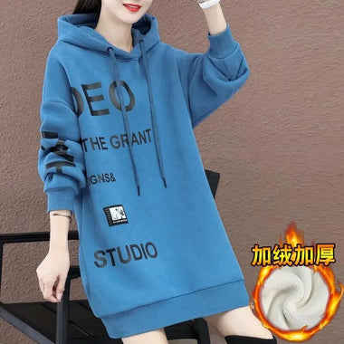 Pure Cotton Plus Velvet Thick Sweater Mid-length Women 2022 Winter New Korean Version All-match Loose Fat mm Thin Top Commuting