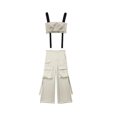 TRAF 2023 New Women 2 Pieces Cargo Pants Sets Spring Summer Female Fashion Loose Trousers And Short Tops Casual Haren Pants
