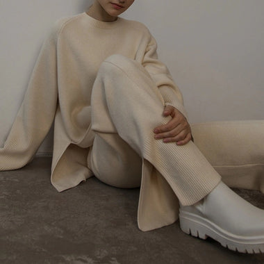 Winter Oversized Long Sleeve Women Knitted Tracksuits Wide Leg Pants Ladies Outfit Loungewear Streetwear Elegant Female 2 Piece