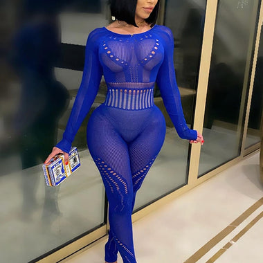 Kliou Knitted Pencil Jumpsuit Girl Midnight Outfit Sexy Hollow Out All in One Overall Monos Mujer Party One Piece Hot Attirewear