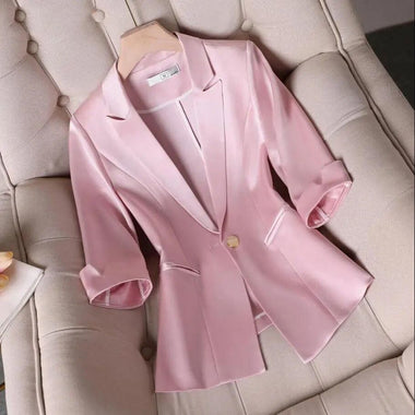 Spring Autumn Women Satin Slik Blazer Jackets Solid Color Notched Collar Single Button Female Suit Fashion Elegant OL Short Coat