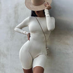 Fashion Solid Basic Bodycon Long Sleeve Rompers Womens Playsuits White Pullover Collar Elegant Sexy Hot Streetwear Short Overall