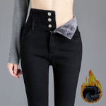 Women Winter Thicken Velvet Lined Skinny Denim Pants Streetwear Casual Pencil Jeans High Waist Warm Button Fly Stretch Vaqueros
