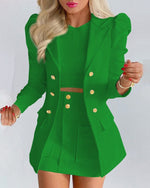 Women's Spring Long Sleeve Solid Color Jacket with Mini Skirt Two-piece Suit Tailleur Femme Blazer and Set Dress Free Shipping
