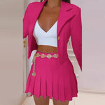 Autumn Winter Fashion HIgh Street Women Pleated Skirts Sets Casual Solid Color Lapel Suit Outwear Elegant Slim Party Female Sets
