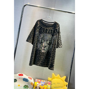 Summer Leopard Hot Diamond T-shirt Women Oversized Street Fashion Y2k Chic Pullovers Female Printed Short Sleeve Tops