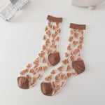 Heart Print Crystal Silk Socks Women Summer Ultra-thin Transparent Elastic Long Socks Casual Fashion Harajuku Kawaii Cute Socks