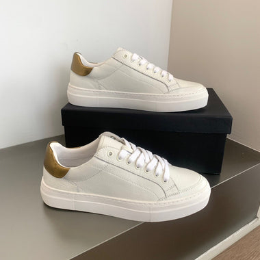 Jenny&Dave British Fashion Gold Stitching Texture Leather Flat Shoes White Color Casual Vulcanized Shoes Women Sneakers