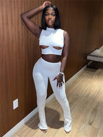 Kliou Casual Hollow Out Two Piece Set Women Concise Sleeveless O-neck Cropped Tanks + High Waist Skinny Pants Female Streetwear
